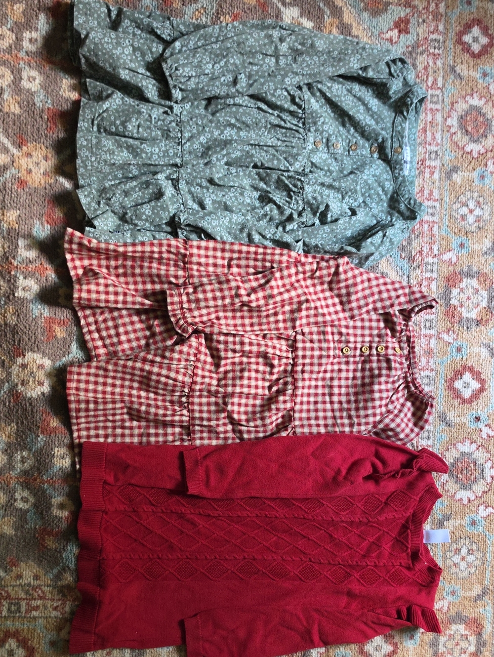 Lot Of 3 Size 6 Girls Holiday Dress Green Floral, Red Gingham, Red Knit